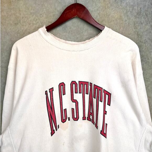 VTG 90s NC State College Sweatshirt Sz XXL White Red HeavyWeight Reverse Weave - Picture 4 of 9